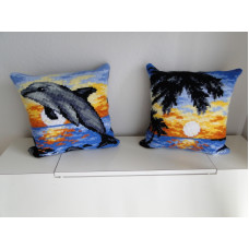 Set of 2 beautiful hand cross-stitched pillows: "Dolphin" and "Sunset in Tropics"