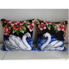 "Swans" - Set of 2 beautiful hand cross-stitched pillows