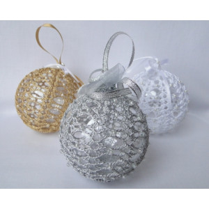Set of 3 Crocheted Christmas decorations - gold, silver and white